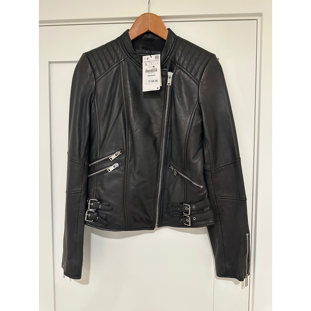 NWT ZARA Black Leather Biker Moto Jacket With Zips Quilted Shoulder 3461/005